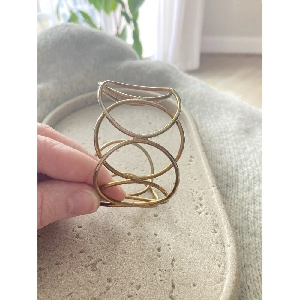 Tarnished Gold‎ Tone Cuff Bracelet Abstract Loop Sculptural Modernist Statement